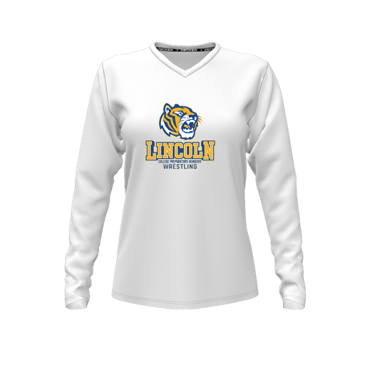 [CUS-DFW-TEES-CMF-VNK-LSL-WHT-FYXS-LOGO1] Decker Comfort T-Shirt (Female Youth XS, White, V Neck, Logo 1, Long Sleeve)