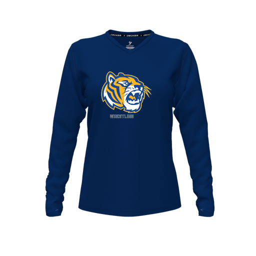 [CUS-DFW-TEES-PER-VNK-LSL-NVY-FYXS-LOGO2] Decker Performance T-Shirt (Female Youth XS, Navy, V Neck, Logo 2, Long Sleeve)