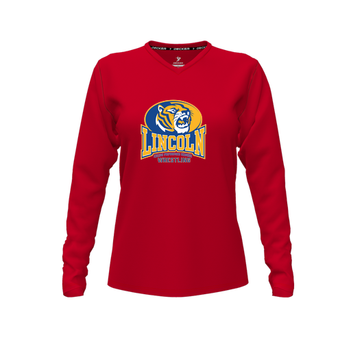 [CUS-DFW-TEES-PER-VNK-LSL-RED-FYXS-LOGO3] Decker Performance T-Shirt (Female Youth XS, Red, V Neck, Logo 3, Long Sleeve)