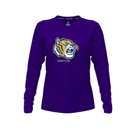 [CUS-DFW-TEES-PER-VNK-LSL-PUR-FYXS-LOGO2] Decker Performance T-Shirt (Female Youth XS, Purple, V Neck, Logo 2, Long Sleeve)