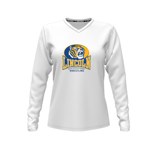 [CUS-DFW-TEES-PER-VNK-LSL-WHT-FYXS-LOGO3] Performance T-Shirt (Female Youth XS, White, V Neck, Logo 3, Long Sleeve)